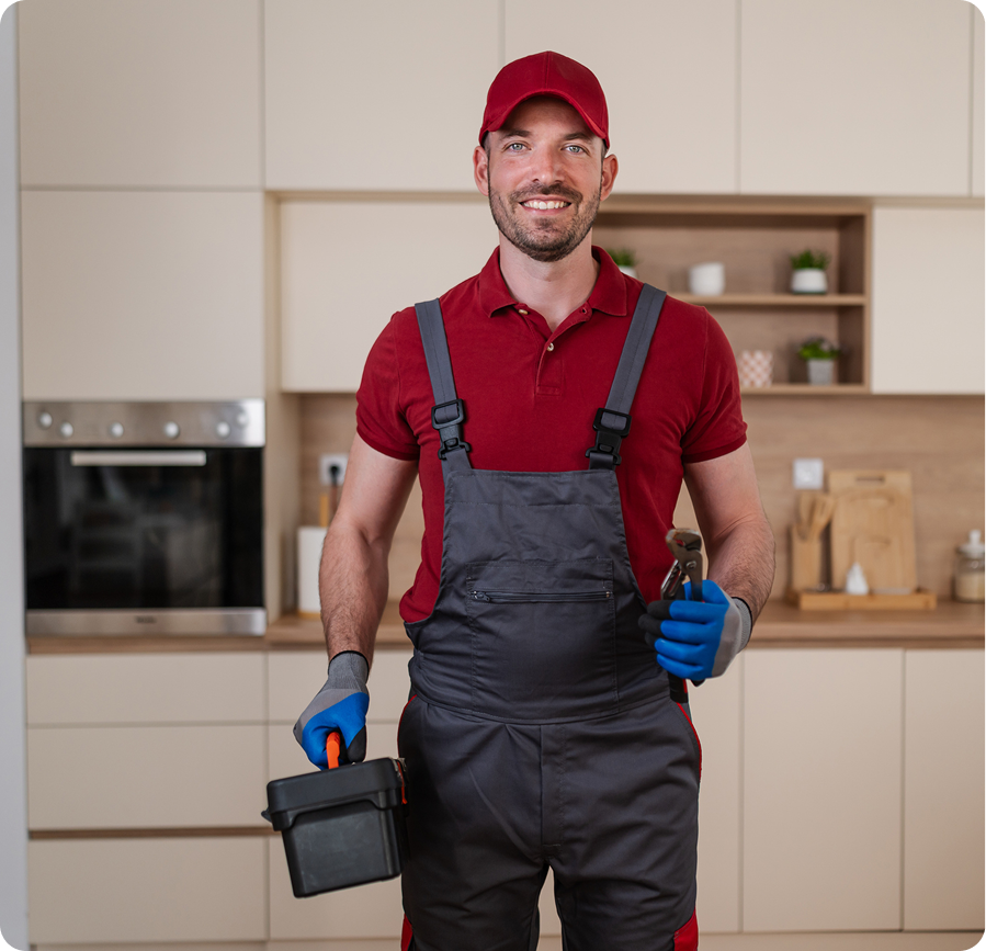 Worker in uniform standing in bright kitchen
